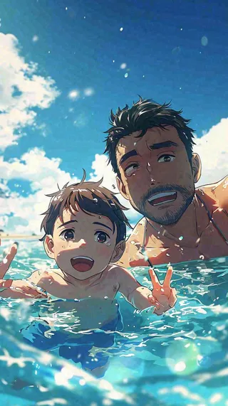 夏天游泳兄弟父子，父亲节父爱，清爽暑期夏至