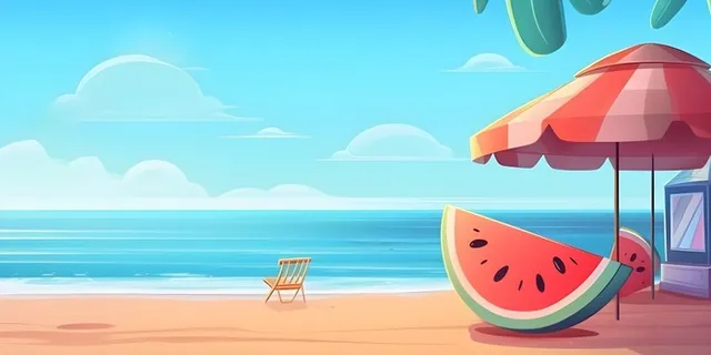 夏日海边沙滩乘凉西瓜背景 夏日海边沙滩乘凉西瓜背景
