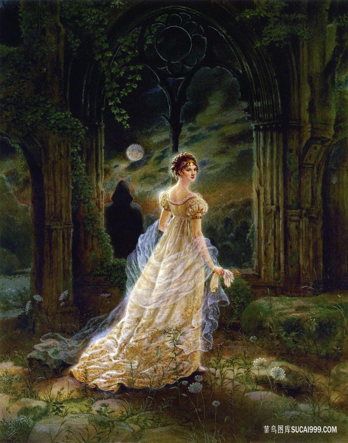 唯美欧洲建筑女性风景画油画