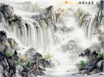 高山流水流水生财源远流长山水花鸟江山多娇装饰画鸿运当头 高山流水流水生财源远流长山水花鸟江山多娇装饰画鸿运当头