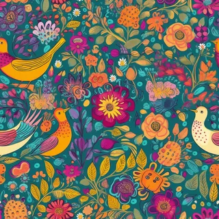 花鸟图，插画风格，无缝贴图，素材