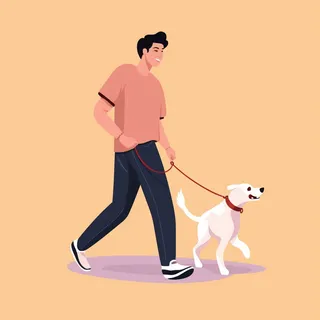 一位男生牵着狗狗遛狗橙色卡通插画背景