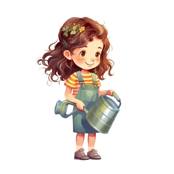 小女孩拿着水壶浇水绿植草人物插画免抠(1024x1024)