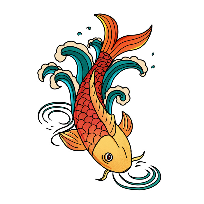 手绘国潮古风喜庆铜钱锦鲤鱼金鱼荷花插画场景装饰PSD设计素