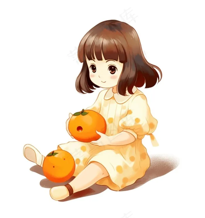抱着南瓜的小女孩可爱卡通插画免抠(1024x1088)