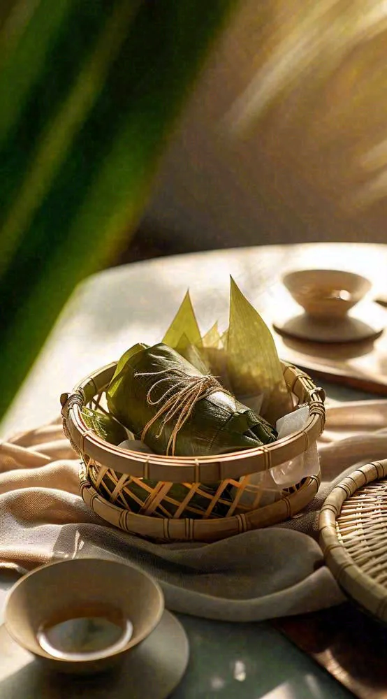 夏天端午阳光粽子粽叶竹篮米饭，芒种夏至(816x1472)