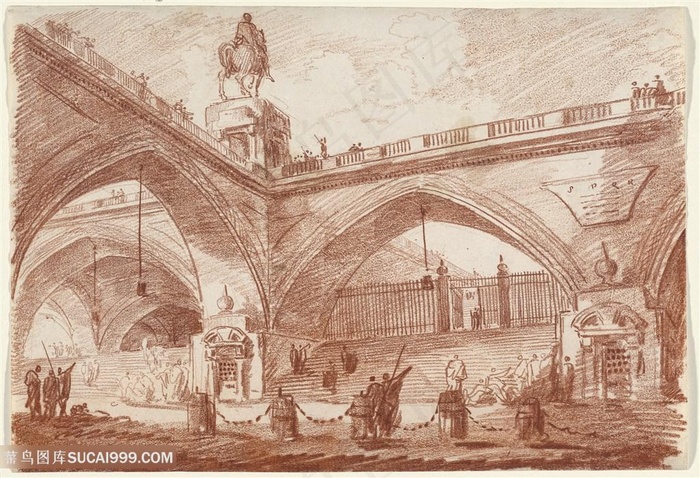 欧洲建筑桥梁装饰画手绘插画