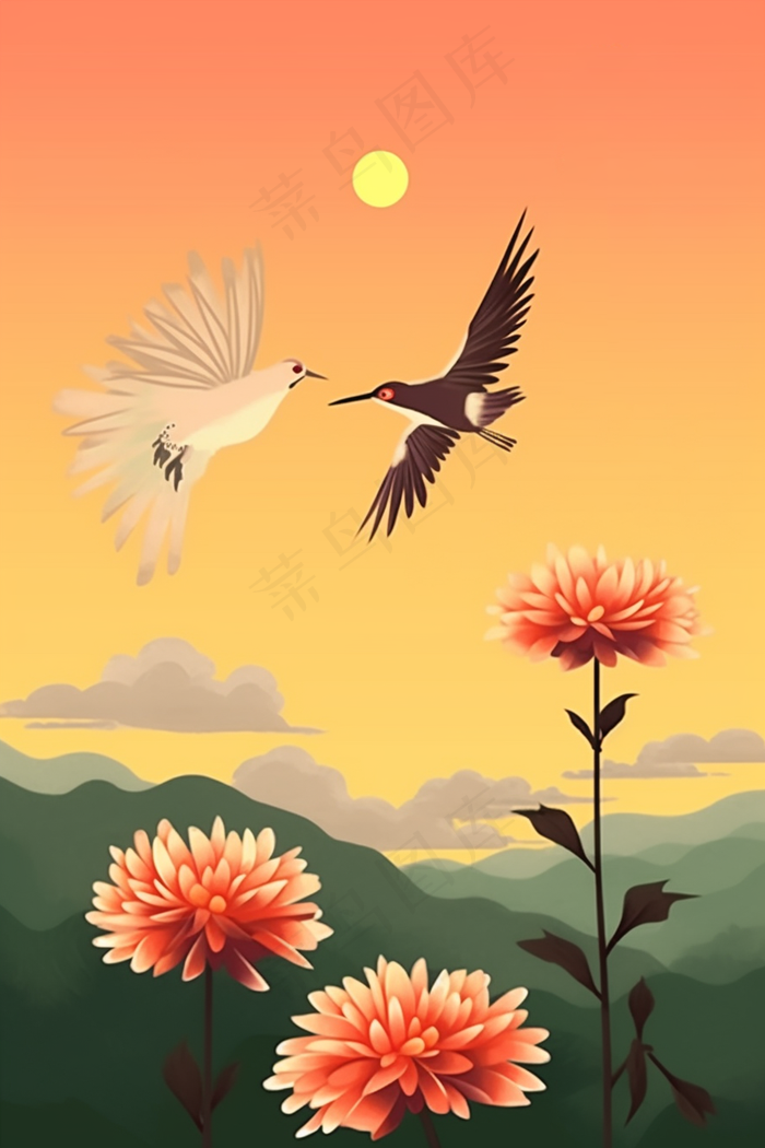 秋季鲜花盛开菊花仙鹤鸟重阳素材插画背景(x)