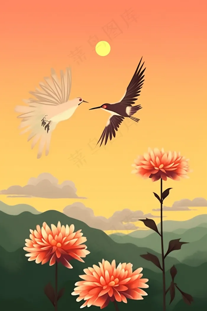 秋季鲜花盛开菊花仙鹤鸟重阳素材插画背景(x)