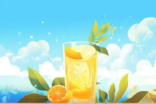 清新蓝天冰饮柠檬冰块插画背景