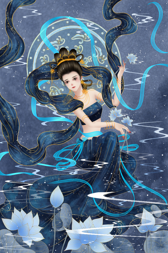 复古中国风国潮神话人物敦煌插画仙女手绘海报背景PSD设计素材