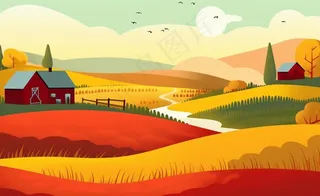 乡村村庄美丽风景河流插画农田插画背景