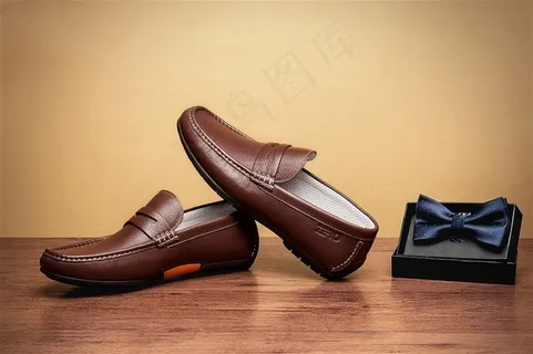 台子上领结盒子旁的黑色男士皮鞋图片欣赏