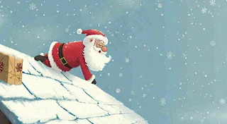 冬天圣诞老人屋顶带礼物，雪花雪屋，圣诞节卡通扁平插画