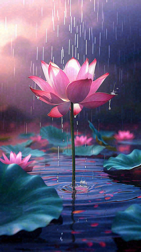 夏天下雨池塘里盛开的荷花特写，立夏，夏至