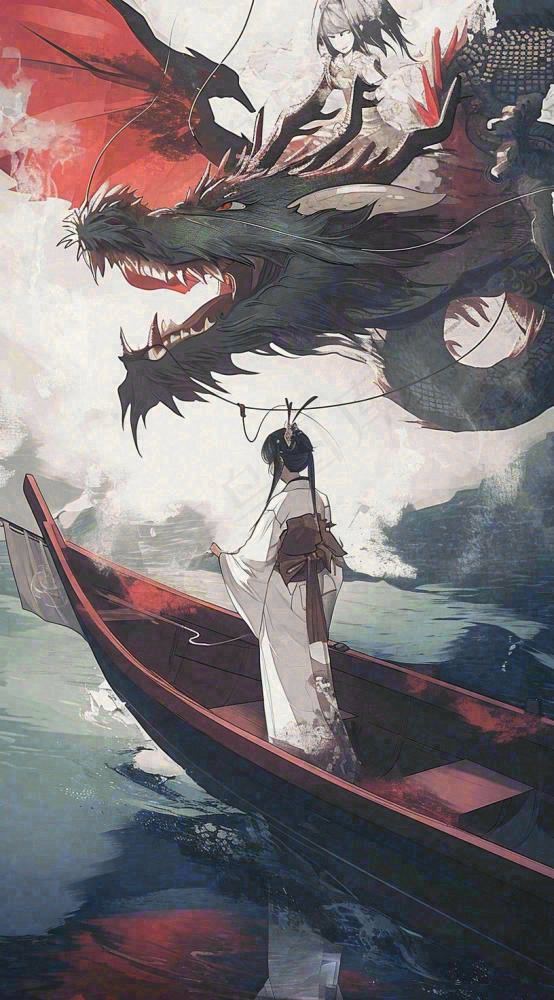 古风仙侠暗黑人物在河流上，龙中国风插画(816x1472)