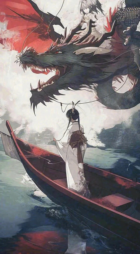 古风仙侠暗黑人物在河流上，龙中国风插画(816x1472)