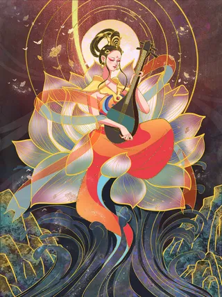 复古中国风国潮神话人物敦煌插画仙女手绘海报背景PSD设计素材