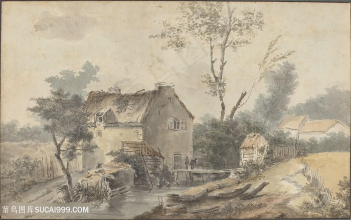 农房风景画油画