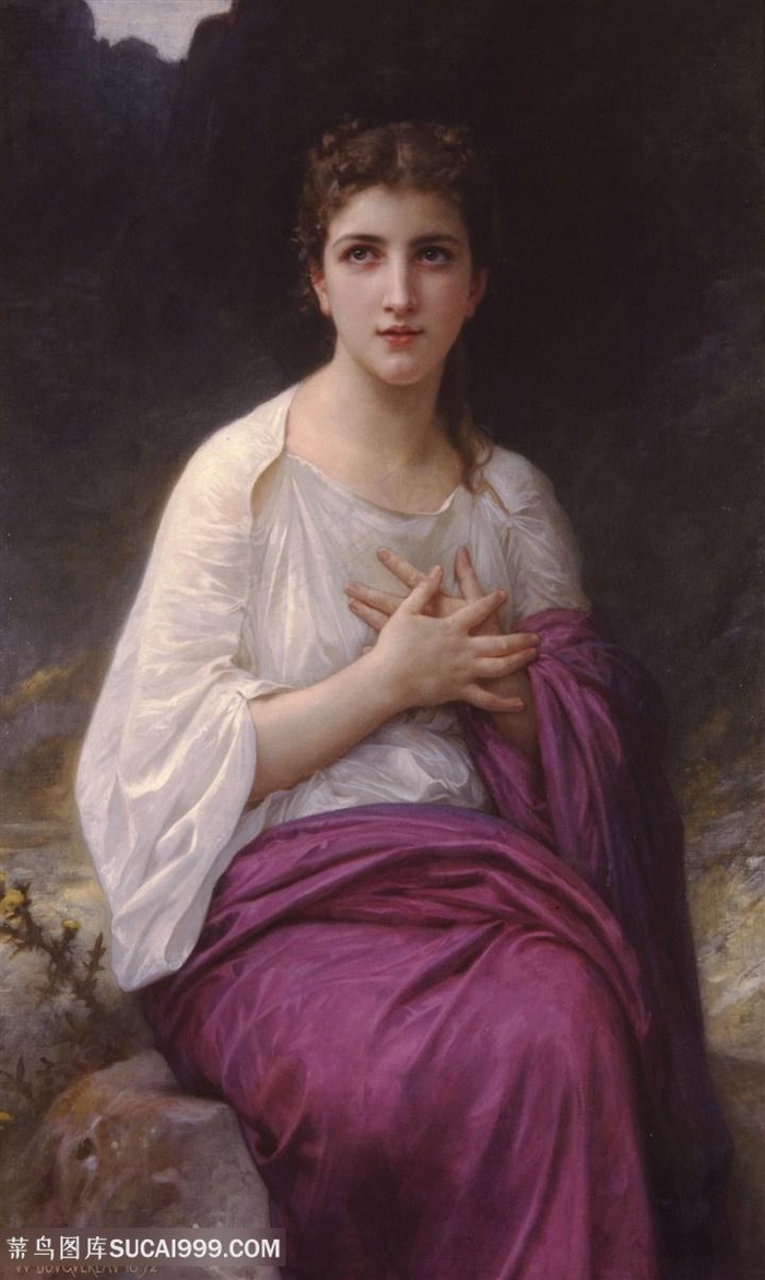 布格罗油画紫色围布美女油画风景画
