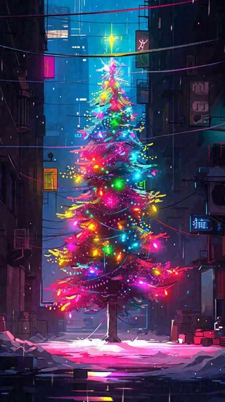 炫酷圣诞彩色缤纷圣诞树节日，夜晚街道建筑，暗黑