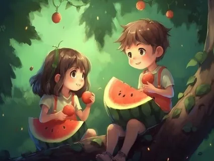 夏日卡通插画儿童吃西瓜动漫风背景