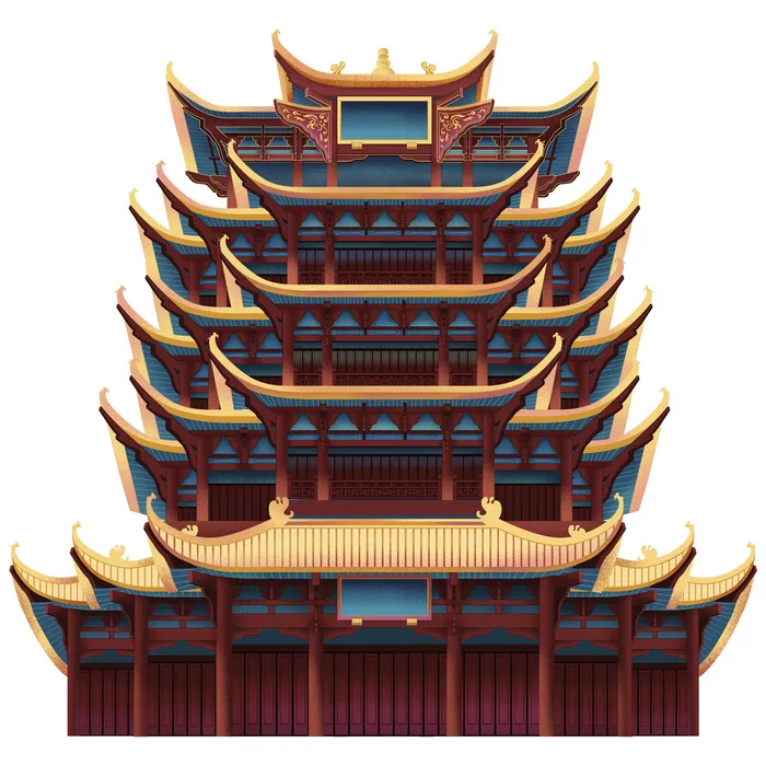 复古中国风国潮古建筑插画手绘高楼古塔PSD素材亭子png免抠图psd模版下载