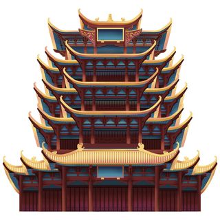 复古中国风国潮古建筑插画手绘高楼古塔PSD素材亭子png免抠图