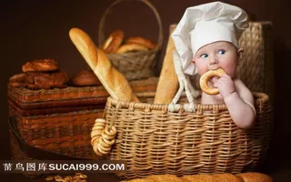 篮子里吃面包的小宝宝