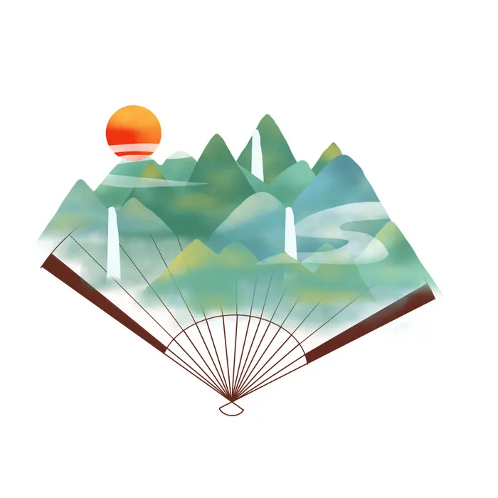 时尚微景观山水装饰庭院祥云中式国潮风插图插画元素素材设计模板psd模版下载