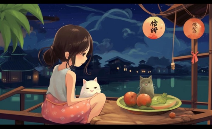 夜晚窗边乘凉水果猫插画背景(1392x848)