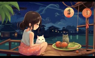 夜晚窗边乘凉水果猫插画背景