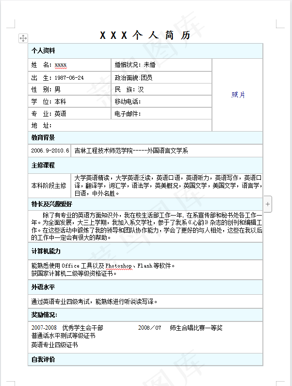 简历模板大专本科简单简历模版标准简历模版优秀个人简历模版毕业生