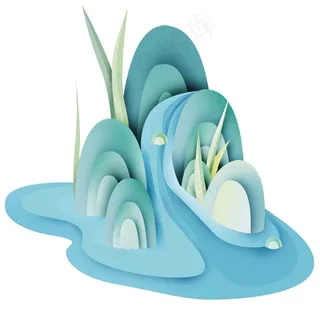 中国风 复古烟 青色 清新山水 剪纸元素 景色 PNG 免抠 素材