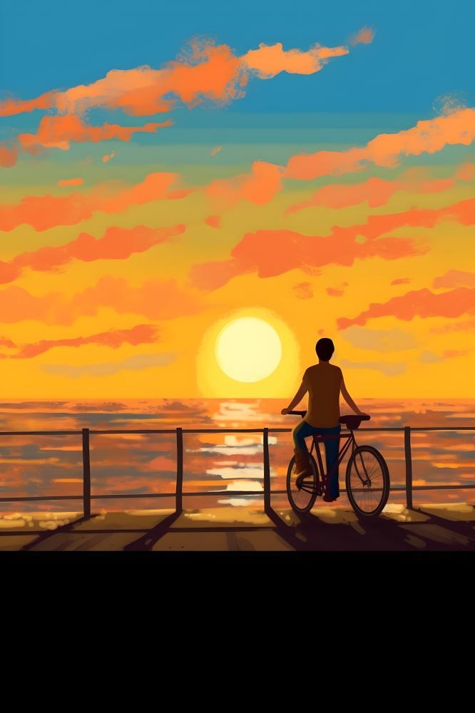夕阳下骑自行车海边背景
