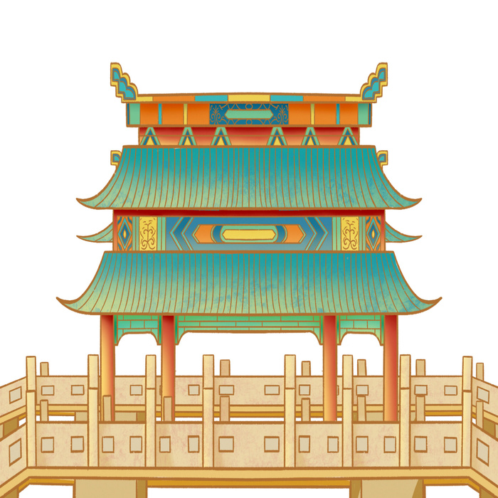 复古中国风国潮古建筑插画手绘高楼古塔PSD素材亭子png免抠图psd模版下载