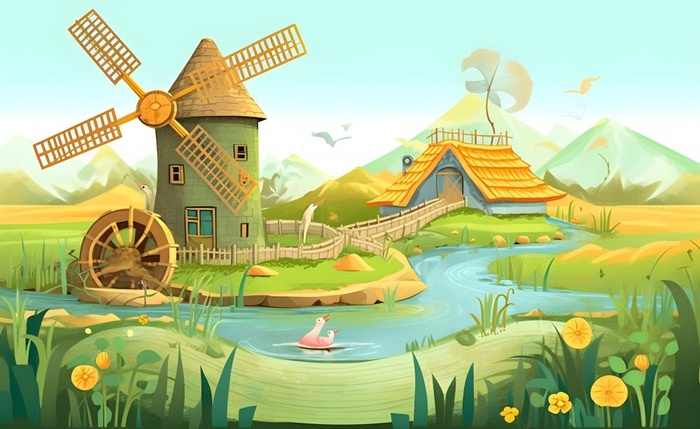 春天田园绿色自然风车水河流畜牧插画素材背景(5632x3456)