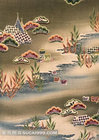 日式水草建筑图案布纹