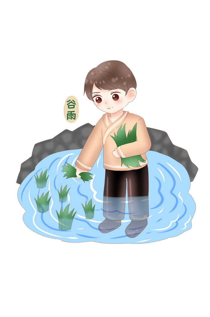 二十四节气谷雨男孩插秧场景插画