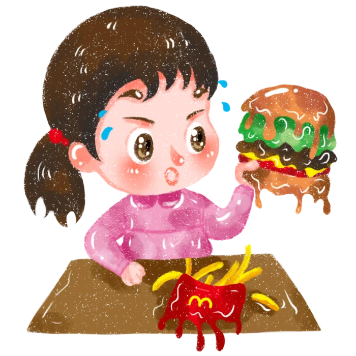 夏天高温下吃汉堡薯条的女孩
