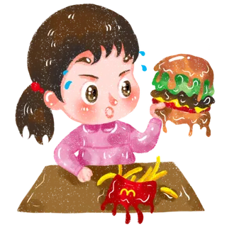 夏天高温下吃汉堡薯条的女孩