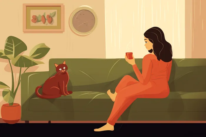 女孩坐着客厅沙发猫咪卡通插画(x)