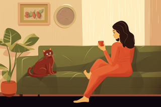 女孩坐着客厅沙发猫咪卡通插画