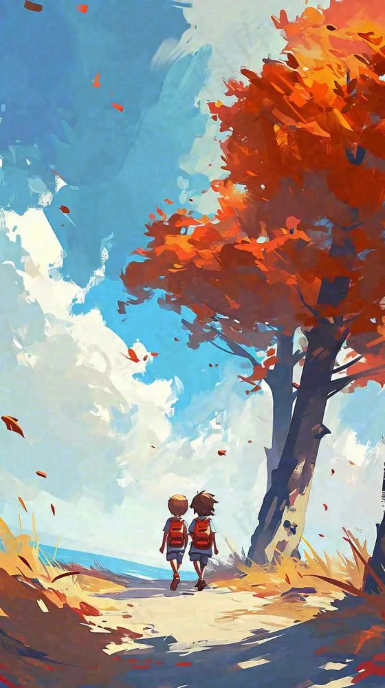 秋天红色秋叶树落叶温馨自然风景，立秋手绘插画(816x1456)