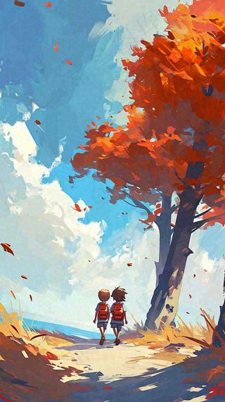 秋天红色秋叶树落叶温馨自然风景，立秋手绘插画