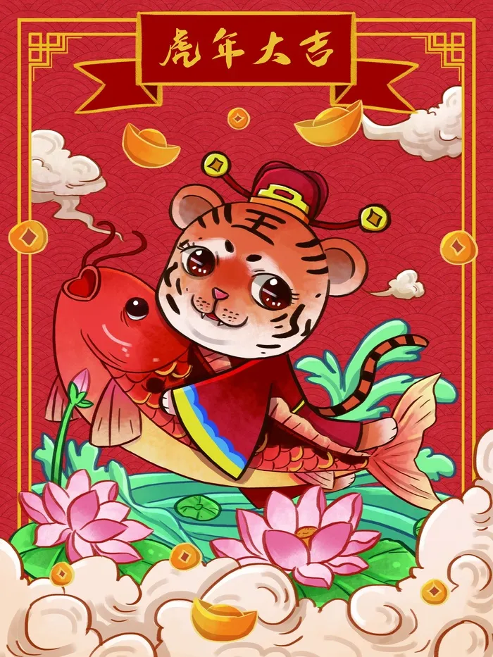 虎年中国风萌虎插画psd模版下载