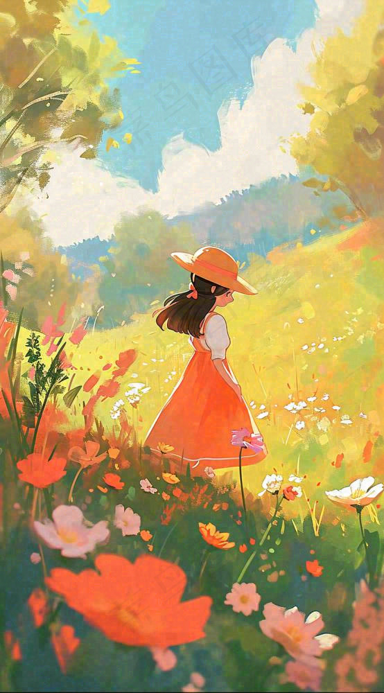 油画女孩春天踏青郊游山脉鲜花草地，春分，插画手绘
