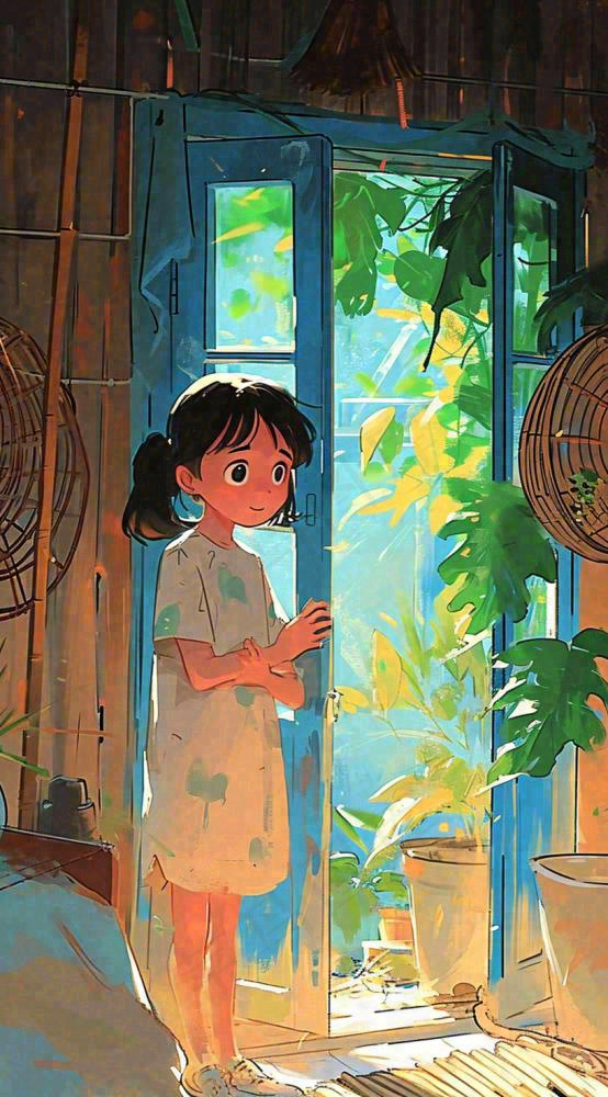 夏天炎热夏至室内小孩儿童吹风扇手绘插画