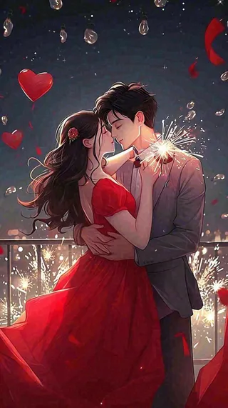 烟花中情侣在情人节的夜晚里拥抱亲吻，红色爱心气球爱情甜蜜