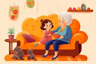 奶奶孙女品尝美食陪伴欢乐插画素材背景